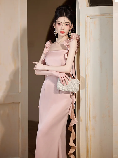 Classy Mermaid Spaghetti Straps Blush Pink Satin Long Bridesmaid Dress C3928