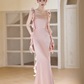 Classy Mermaid Spaghetti Straps Blush Pink Satin Long Bridesmaid Dress C3928