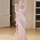 Classy Mermaid Spaghetti Straps Blush Pink Satin Long Bridesmaid Dress C3928