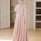 Robe de demoiselle d'honneur longue en satin rose blush à bretelles spaghetti et coupe trapèze élégante C3929