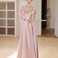 Robe de demoiselle d'honneur longue en satin rose blush à bretelles spaghetti et coupe trapèze élégante C3929
