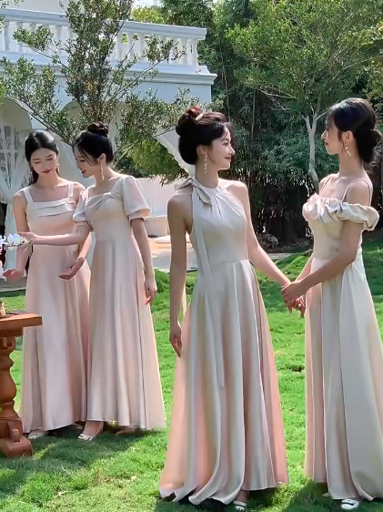 Robe de demoiselle d'honneur longue et élégante en satin, coupe trapèze, C3930
