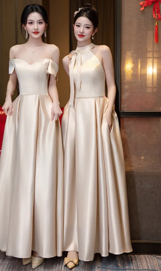 Robe de demoiselle d'honneur longue en satin champagne, coupe trapèze, élégante, C3932