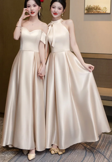 Robe de demoiselle d'honneur longue en satin champagne, coupe trapèze, élégante, C3932