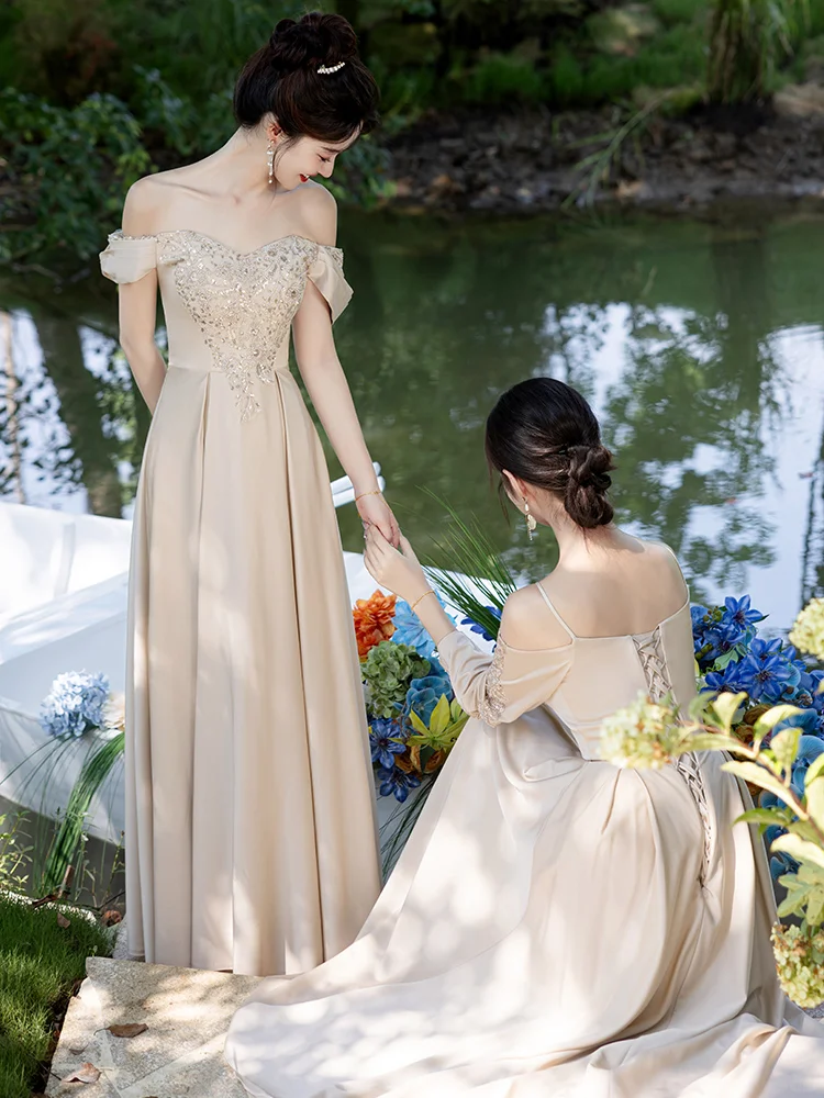 Classy A Line Off The Shoulder Satin Long Bridesmaid Dress C3933