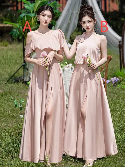 Classy Pink A Line Satin Long Bridesmaid Dress C3934