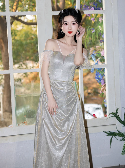 Shiny A Line Off The Shoulder Satin Sequin Long Bridesmaid Dress C3937