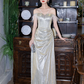 Shiny A Line Off The Shoulder Satin Sequin Long Bridesmaid Dress C3937
