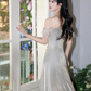 Shiny A Line Off The Shoulder Satin Sequin Long Bridesmaid Dress C3937