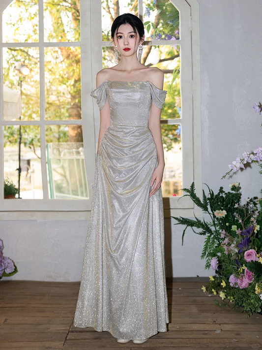 Robe de demoiselle d'honneur longue en satin à sequins et épaules dénudées, élégante et coupe trapèze, C3938