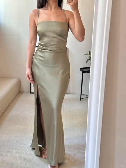 Classy Simple Mermaid Spaghetti Straps Satin Slit Long Bridesmaid Dress C3941