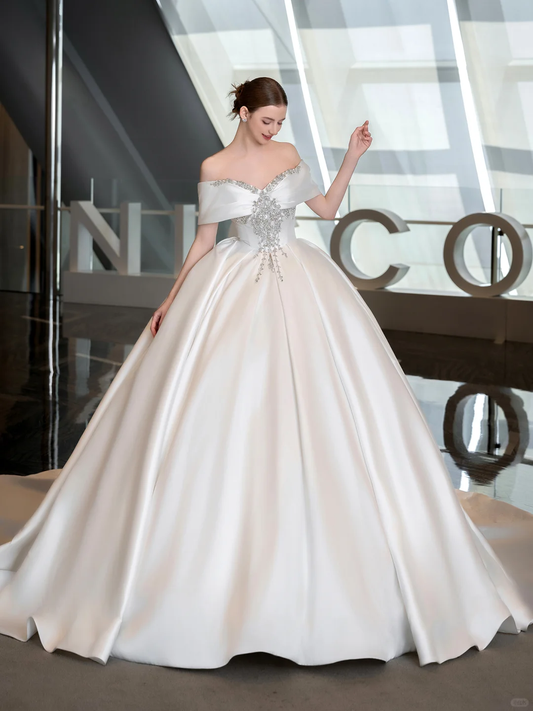 Pretty Ball Gown Off The Shoulder Satin Applique Long Wedding Dresses C3944