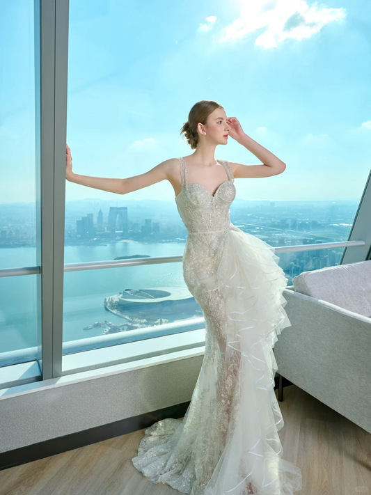 Dreamy Mermaid Sweetheart Lace Tulle Long Wedding Dresses C3945