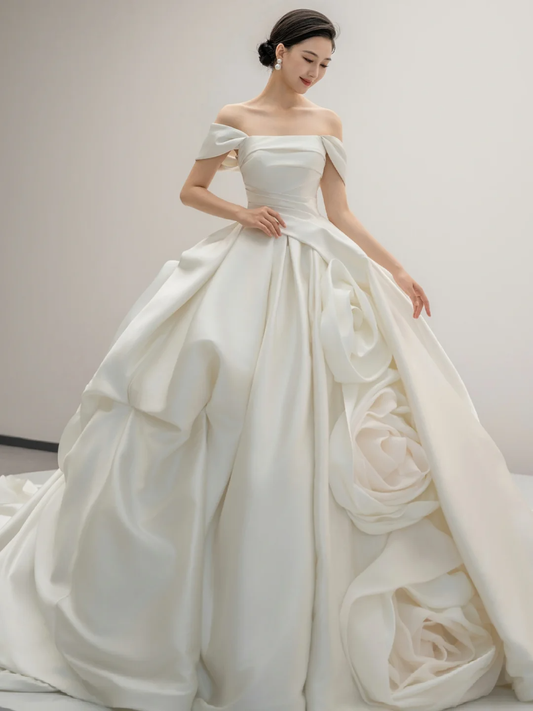Elegant Ball Gown Off The Shoulder Satin Flowers Long Wedding Dresses C3947