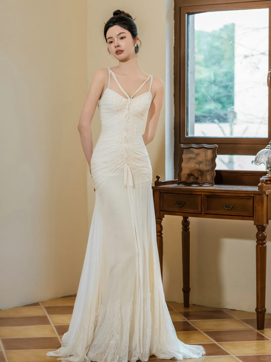 Dreamy Mermaid Spaghetti Straps Chiffon Lace Beaded Long Wedding Dresses C3951