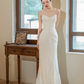 Robe de mariée sirène longue en mousseline de soie, bretelles spaghetti, dentelle et perles, C3951
