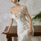 Robe de mariée longue sirène intemporelle à épaules dénudées et tulle avec appliques en dentelle C3958