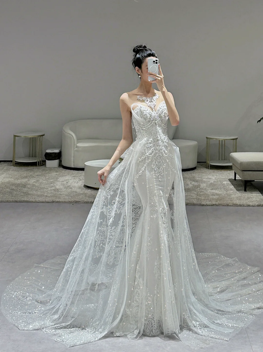 Dreamy Mermaid Strapless Tulle Sequin Applique Long Wedding Dresses C3959