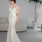 Robe de mariée longue sirène unique à bretelles spaghetti en tulle et perles C3960