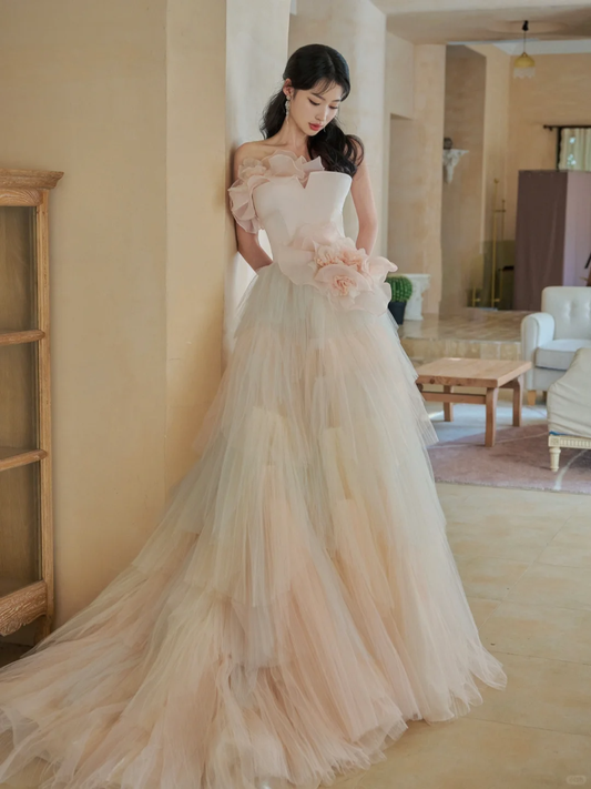 Elegant Ball Gown Strapless Satin Tulle Long Wedding Dresses C3964
