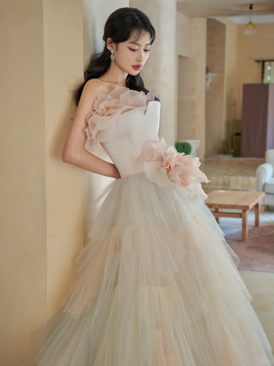 Robe de mariée longue en satin et tulle, élégante et bustier, C3964