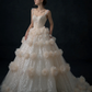 Robe de mariée princesse longue à bretelles spaghetti, en tulle champagne et paillettes, C3966