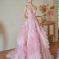 Pretty Summer Ball Gown Spaghetti Straps Pink Tulle Sequin Long Prom Dresses C3968