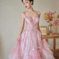 Pretty Summer Ball Gown Spaghetti Straps Pink Tulle Sequin Long Prom Dresses C3968