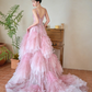 Pretty Summer Ball Gown Spaghetti Straps Pink Tulle Sequin Long Prom Dresses C3968