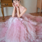 Pretty Summer Ball Gown Spaghetti Straps Pink Tulle Sequin Long Prom Dresses C3968