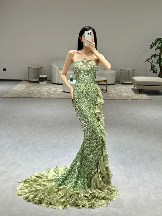 Green Elegant Mermaid Halter Satin Sequin Slit Long Prom Dresses C3969