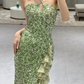 Green Elegant Mermaid Halter Satin Sequin Slit Long Prom Dresses C3969