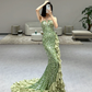 Green Elegant Mermaid Halter Satin Sequin Slit Long Prom Dresses C3969