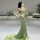 Green Elegant Mermaid Halter Satin Sequin Slit Long Prom Dresses C3969
