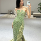 Green Elegant Mermaid Halter Satin Sequin Slit Long Prom Dresses C3969