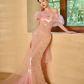 Unique Elegant Mermaid Off The Shoulder Pink Tulle Sequin Long Prom Dresses C3970