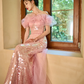 Unique Elegant Mermaid Off The Shoulder Pink Tulle Sequin Long Prom Dresses C3970