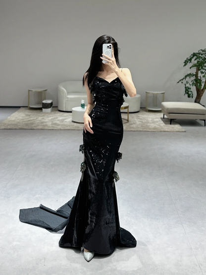 Unique Sexy Mermaid Spaghetti Straps Black Sequin Long Prom Dresses C3971
