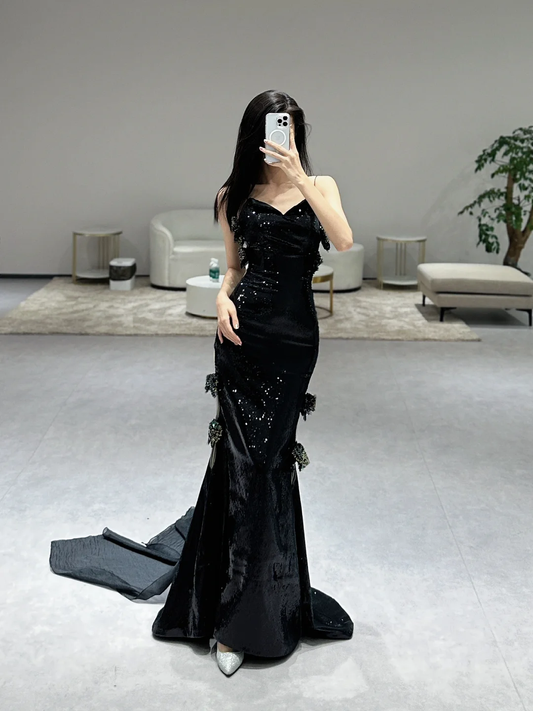 Unique Sexy Mermaid Spaghetti Straps Black Sequin Long Prom Dresses C3971