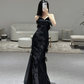 Unique Sexy Mermaid Spaghetti Straps Black Sequin Long Prom Dresses C3971