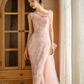 Jolie robe de bal sirène longue à bretelles spaghetti en tulle rose et paillettes C3974