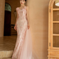 Jolie robe de bal sirène longue à bretelles spaghetti en tulle rose et paillettes C3974