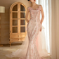 Jolie robe de bal sirène longue à bretelles spaghetti en tulle rose et paillettes C3974