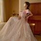 Jolie robe de bal longue en satin rose à épaules dénudées et paillettes C3975