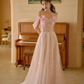 Jolie robe de bal longue en satin rose à épaules dénudées et paillettes C3975
