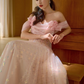 Jolie robe de bal longue en satin rose à épaules dénudées et paillettes C3975