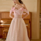 Jolie robe de bal longue en satin rose à épaules dénudées et paillettes C3975