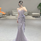Vintage Mermaid Strapless Lilac Sequin Long Prom Dresses C3976