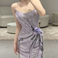 Vintage Mermaid Strapless Lilac Sequin Long Prom Dresses C3976