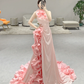 Stunning Mermaid Halter Pink Satin Flowers Long Prom Dresses C3979